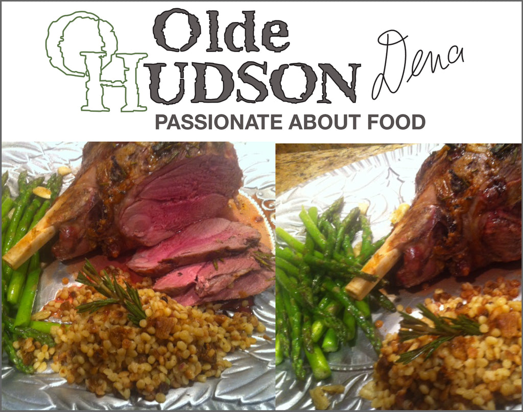 ROAST LEG OF LAMB with CARAMELIZED ONION COUSCOUS and ASPARAGUS